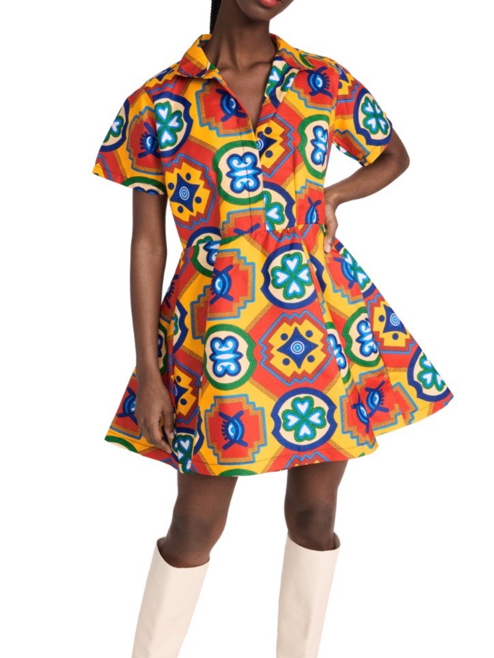Vibrant Multicolor Short Sleeve Fit-and-Flare Dress